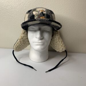Vtg 1991 Looney Tunes Trapper Hat Daffy Duck Acme Clothing White Black Gray